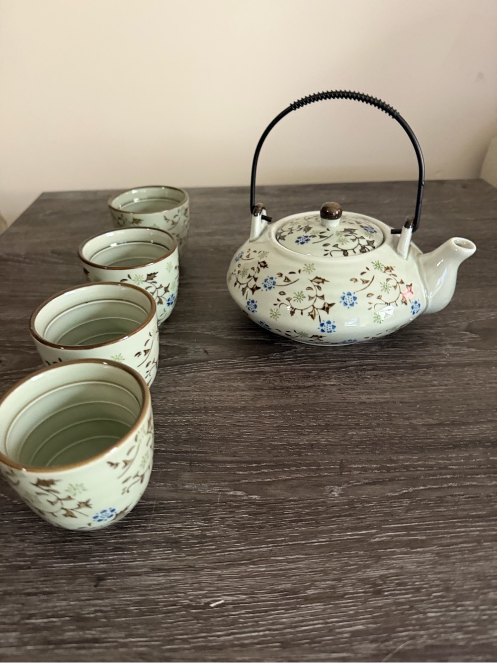 Pier 1 Imports Tomoko Hand-Painted Porcelain Teapot & 4 Cups – 5 Pc Tea Set